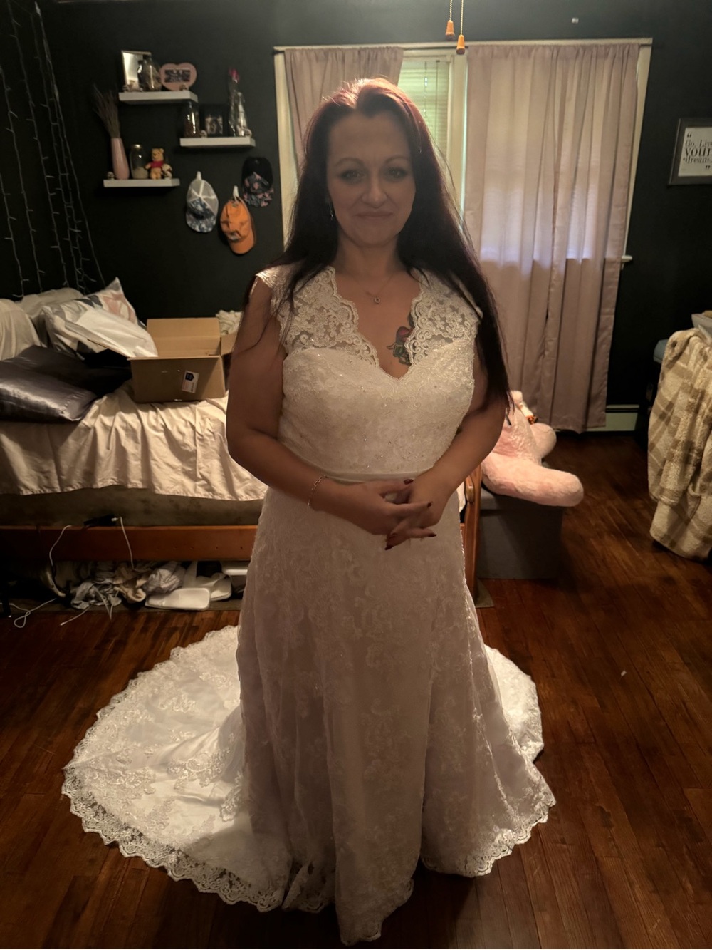 Lace V-Neck Cream Wedding Dress with Scalloped Train